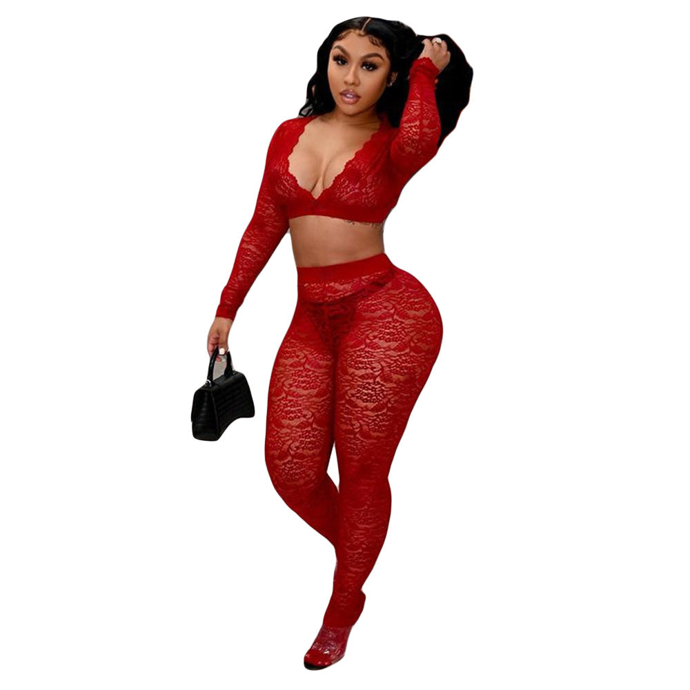 Women's Sexy V-Neck Tight Slim See Through Lace Two-Piece Pants Set 16
