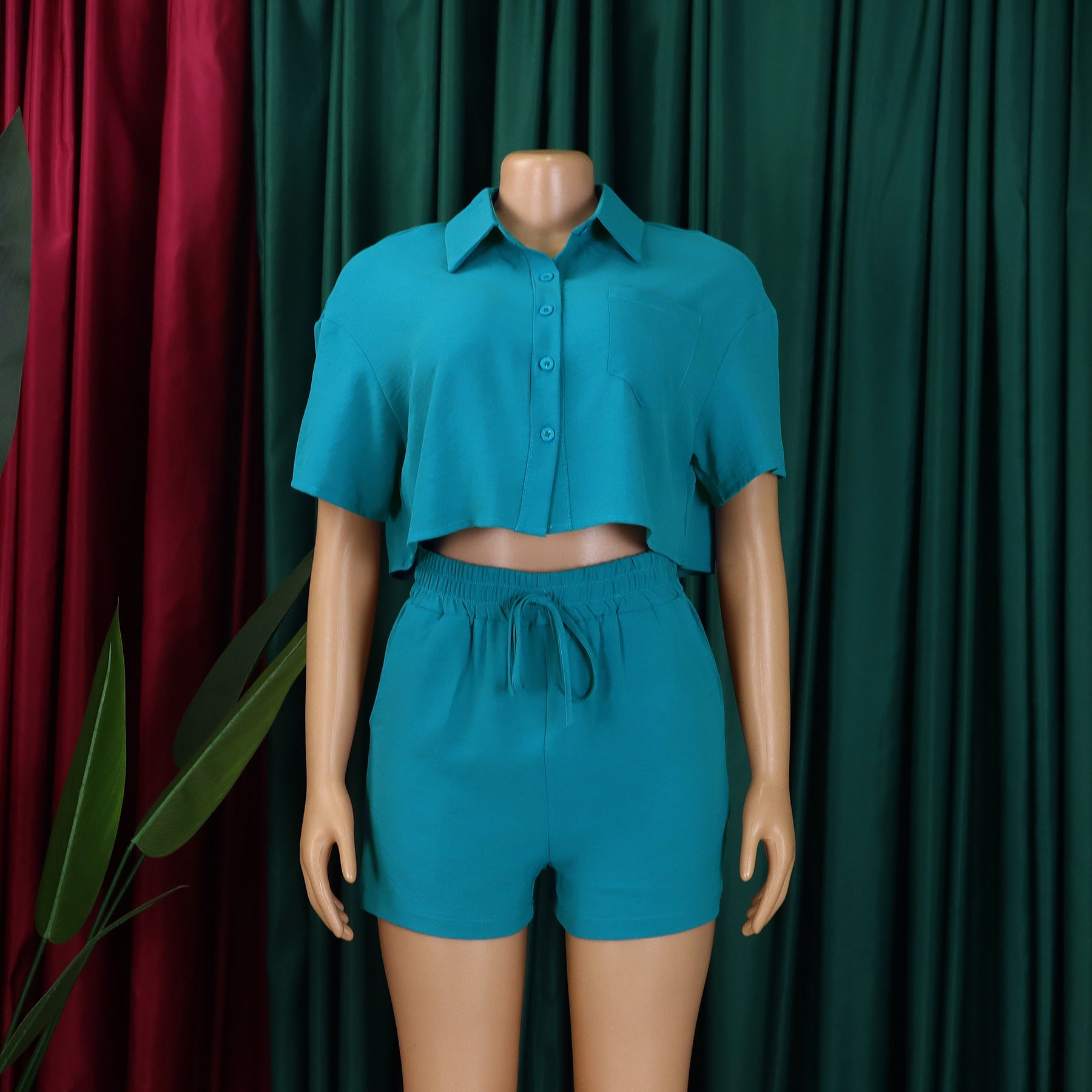 Women's Summer Casual Turndown Collar Short Sleeve Shirt Shorts Fashionable African Two Piece Set 16