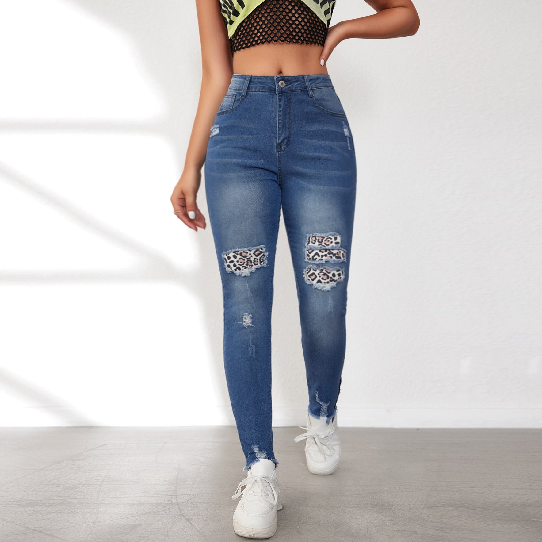 Women Spring Ripped Leopard Patches Washed Denim Pants 7