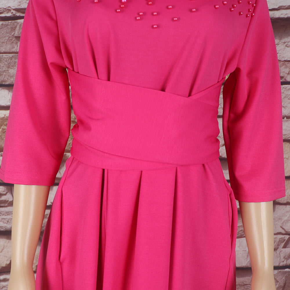 Women African Elegant Stand Collar Beaded Belt Pocket Dress 21