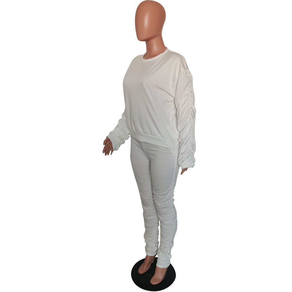 Autumn And Winter Women's Solid Color Long Sleeve Pleated Fashion Two-Piece Pants Set 11