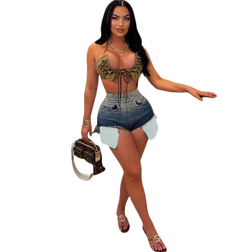 Women Fashion Pocket Ombre Denim Shorts