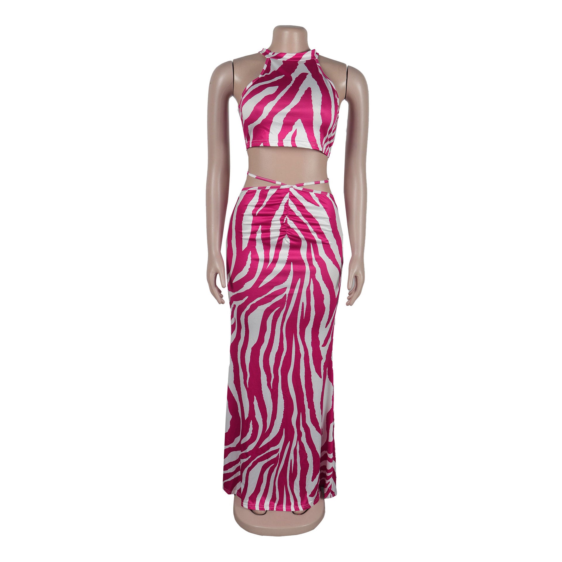 Women Striped Crop Top and Long Skirt Two Piece Set 11