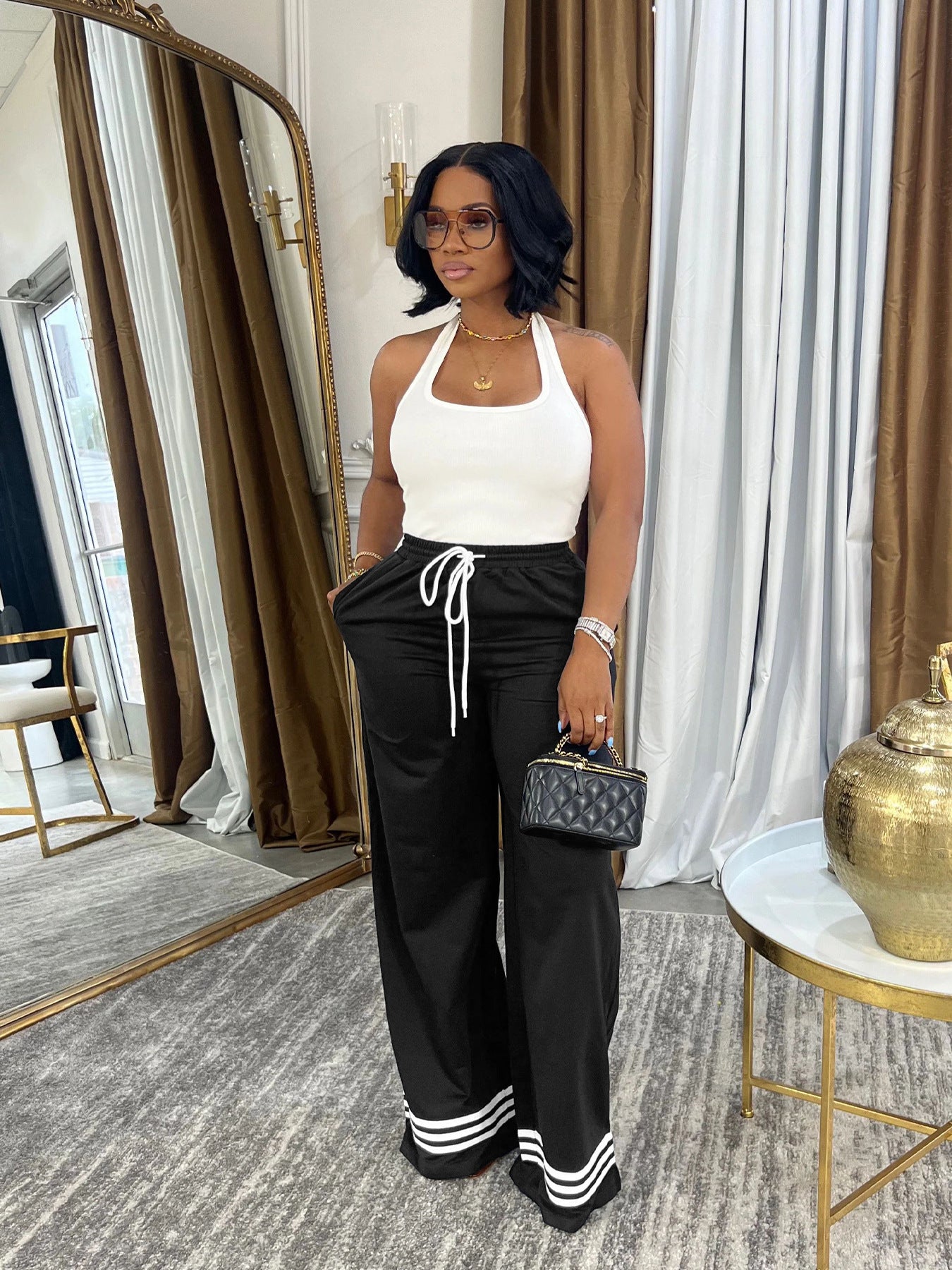 Casual Women's Loose Stripe Contrast Pocket Wide Leg Pants