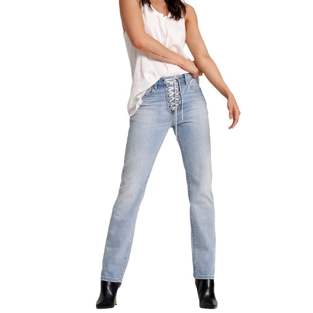 Women High Waist Washed Casual Style Denim Pants 5