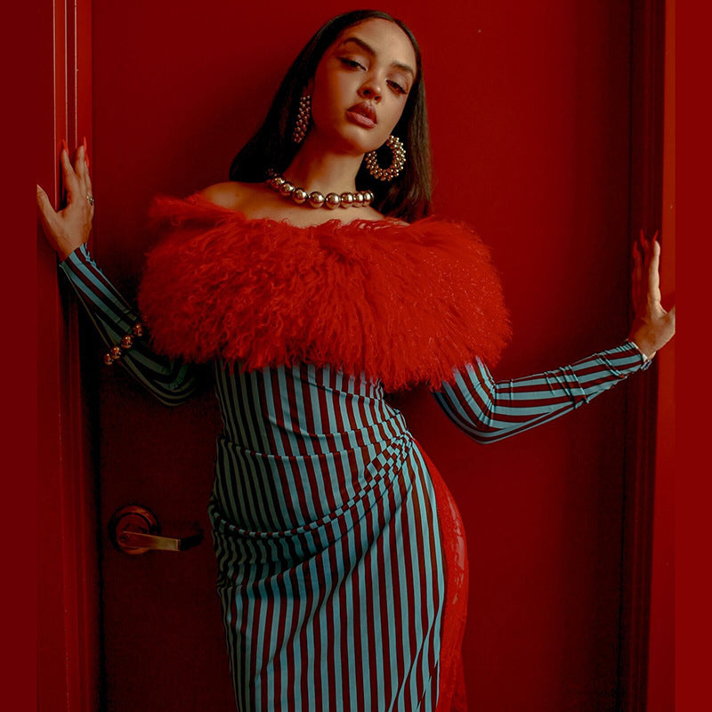 Autumn Winter Fashion Off Shoulder Trend Fur Patchwork Striped High Waist Slim Dress 4