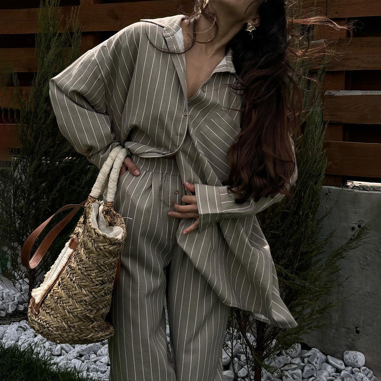 Women's Spring And Autumn Fashion Striped Loose Long Sleeve Shirt Wide Leg Pants Two Piece Set 3