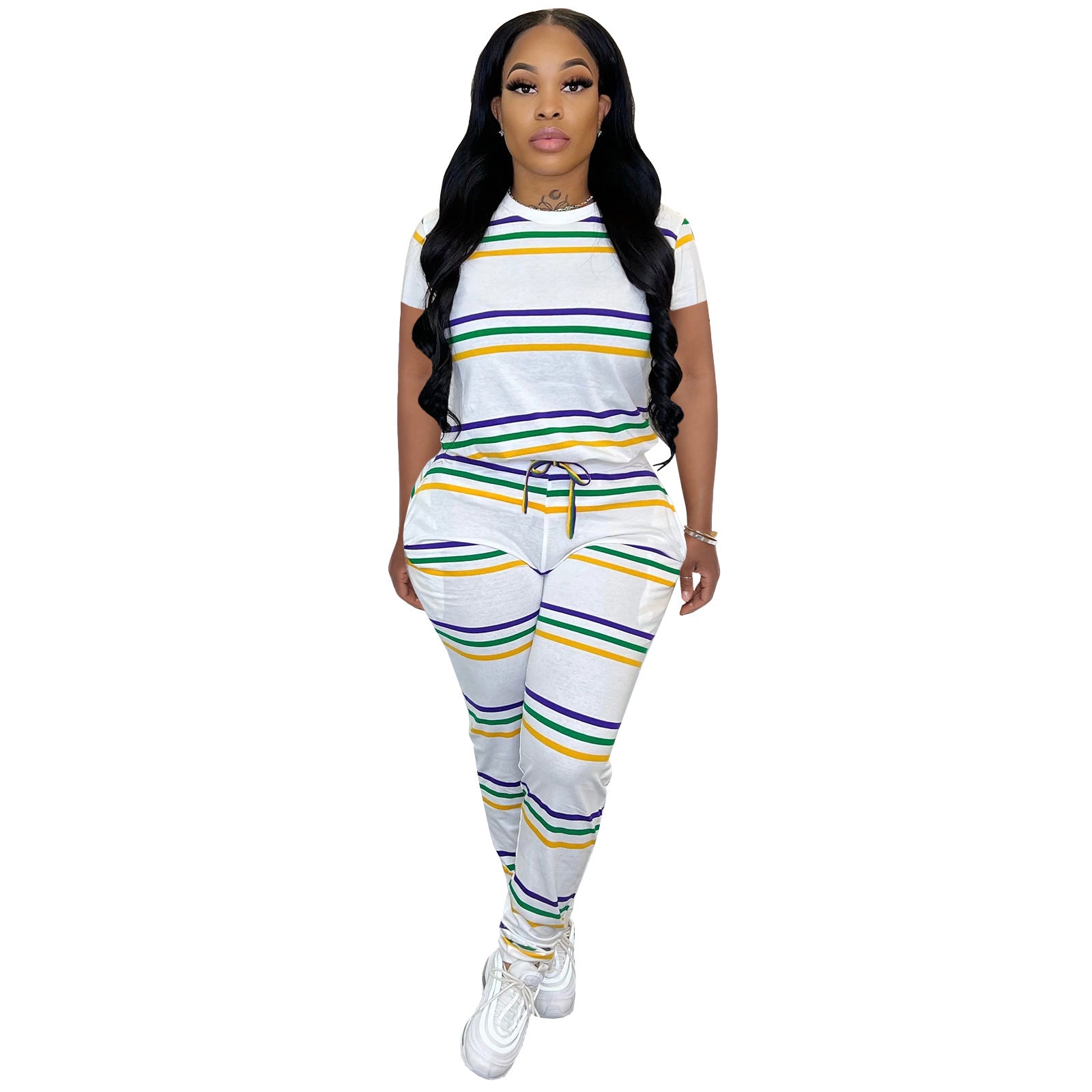 Women Striped Print Round Neck Short Sleeve Top and Pants Two-Piece Set 8