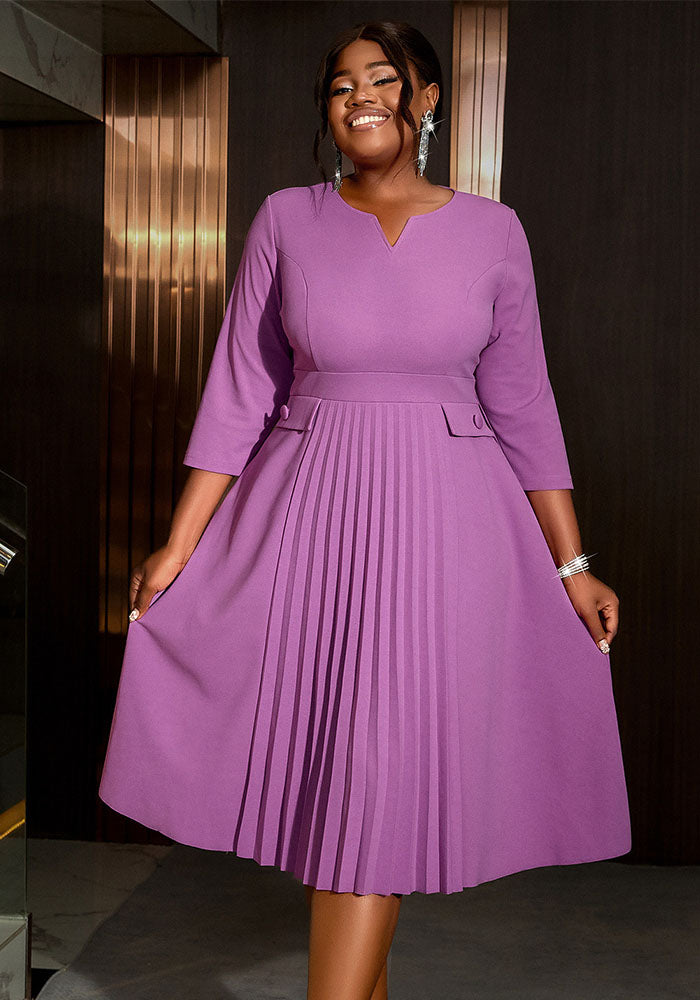 Plus Size Women elegant Soild pleated dress