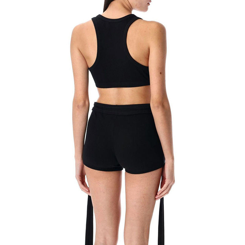 Women's Spring-Summer Ribbed Halter Buckle Vest with Loose Ribbon Shorts Set 6