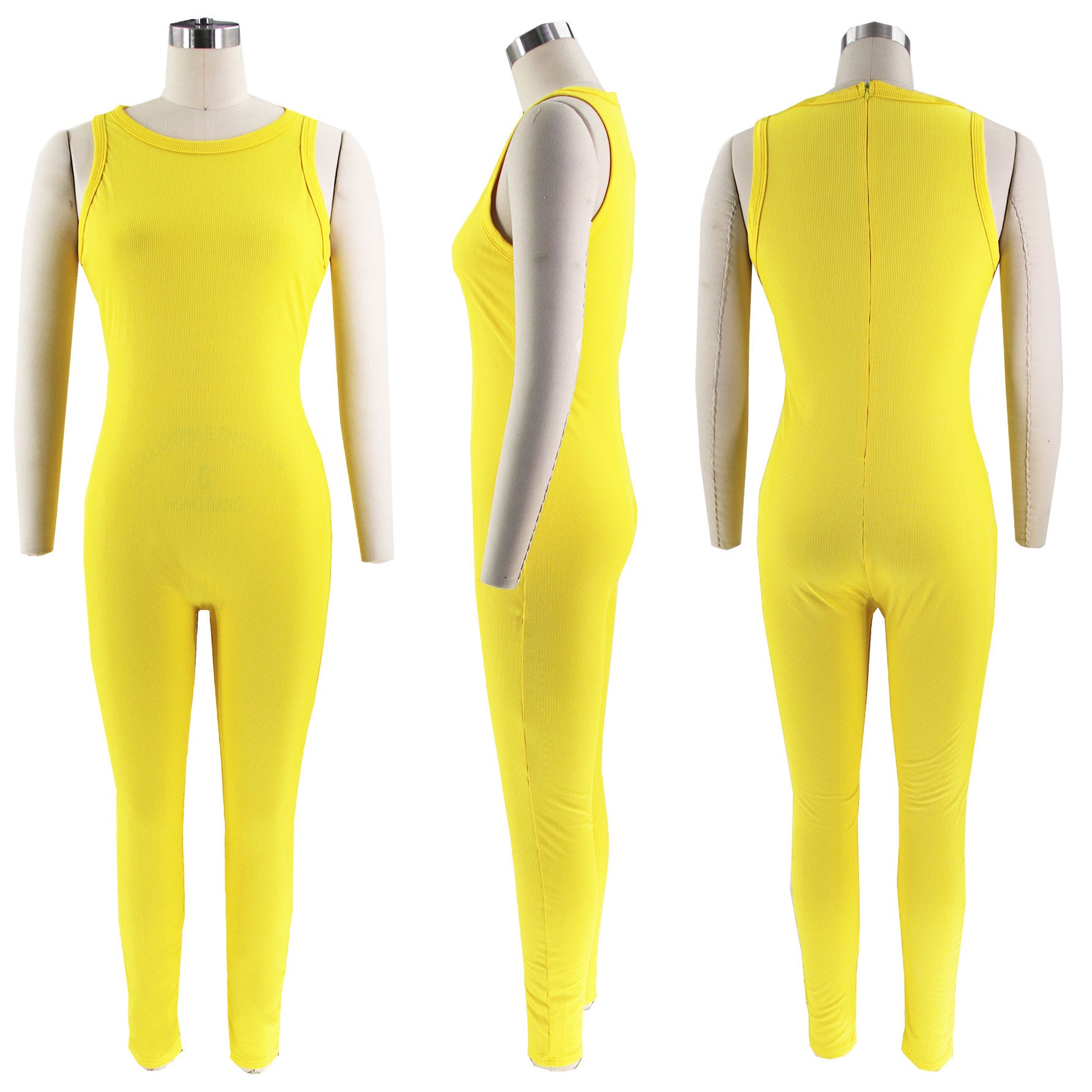 Women Solid Stretch Sleeveless Sexy Round Neck Jumpsuit 11