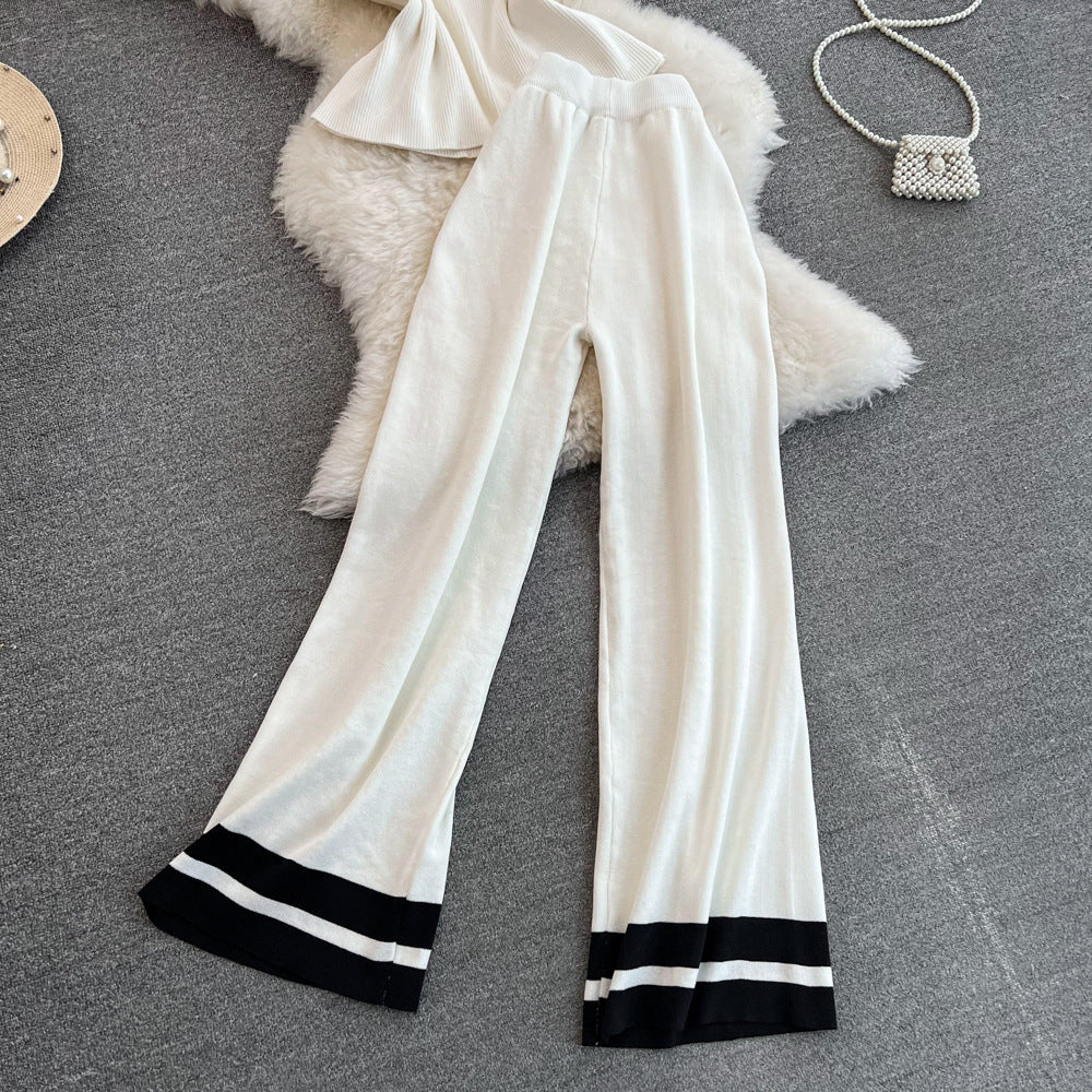 Fashion Women Sleeveless Slim Knitting Top Casual High Waist Straight Wide-Leg Pants Two-Piece Set 7