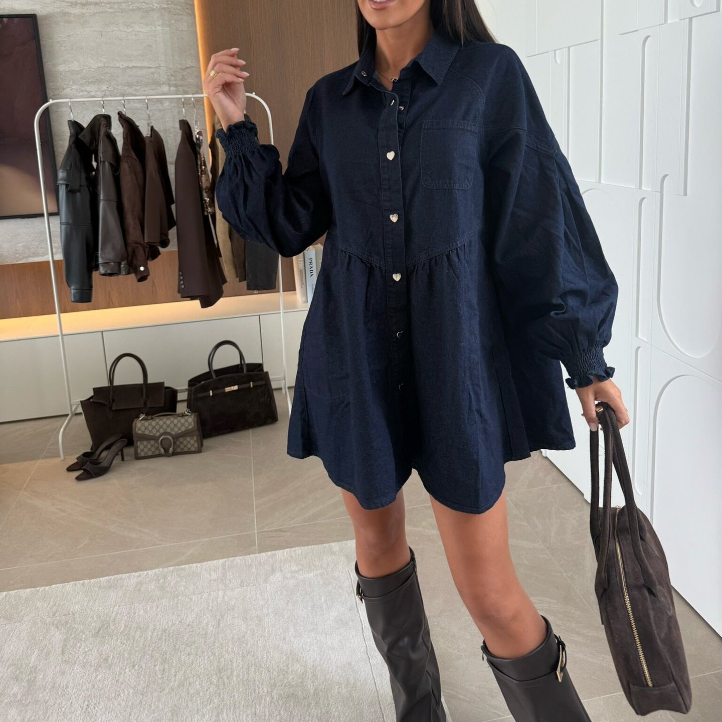 Women Casual Shirt Button-Down Long-Sleeved Denim Dress 4
