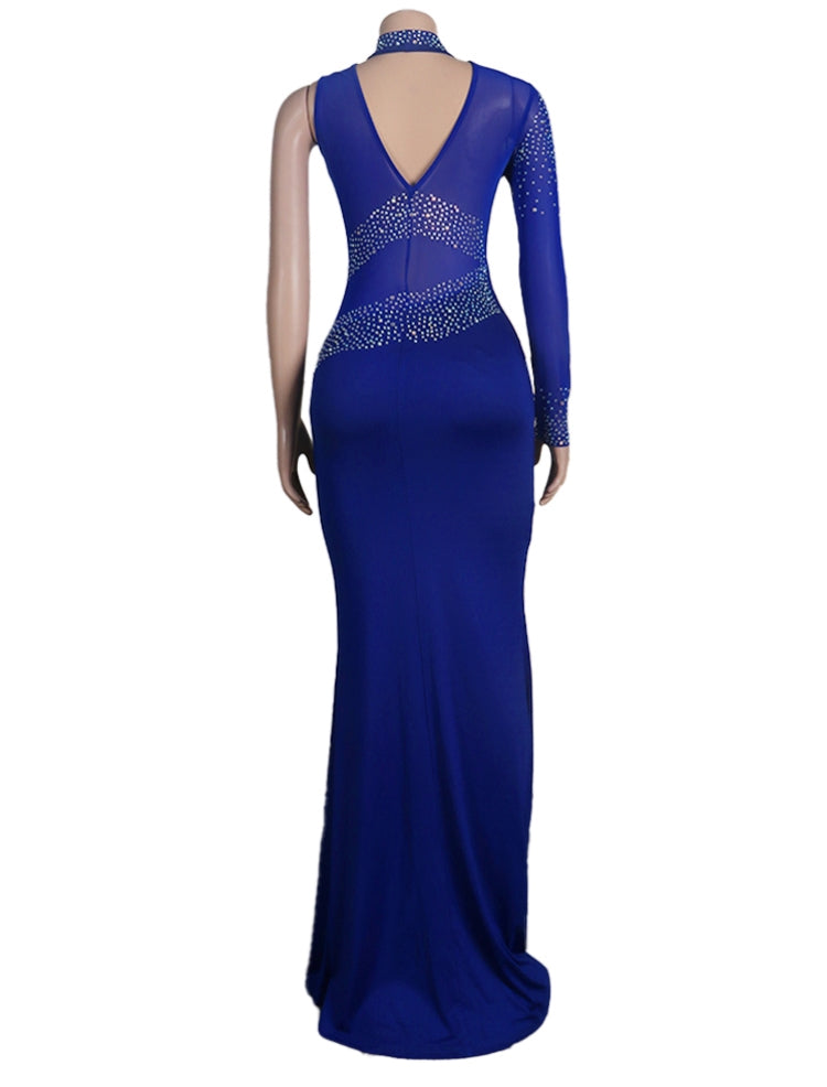 Fall Sexy Blue Sequins One Shoulder High Neck Long Dress 5