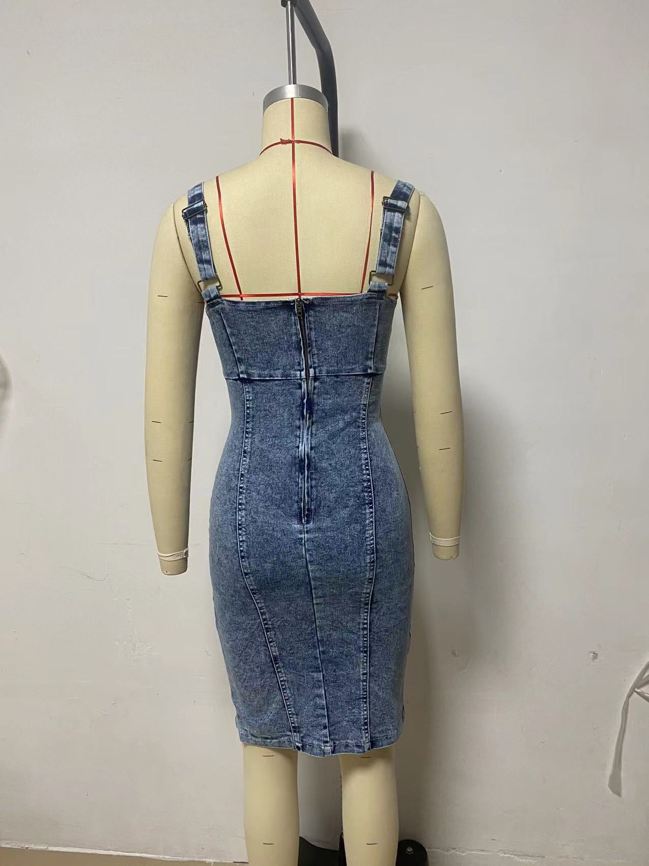 Sexy Slit U Neck Wide Strap Washed Bodycon Denim Dress 7
