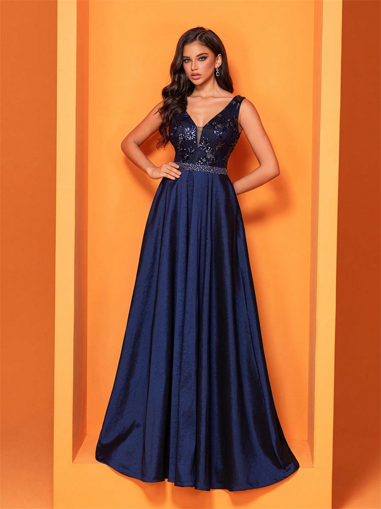 Women sexy v-neck sequin elegant sleeveless Formal Party evening dress 4