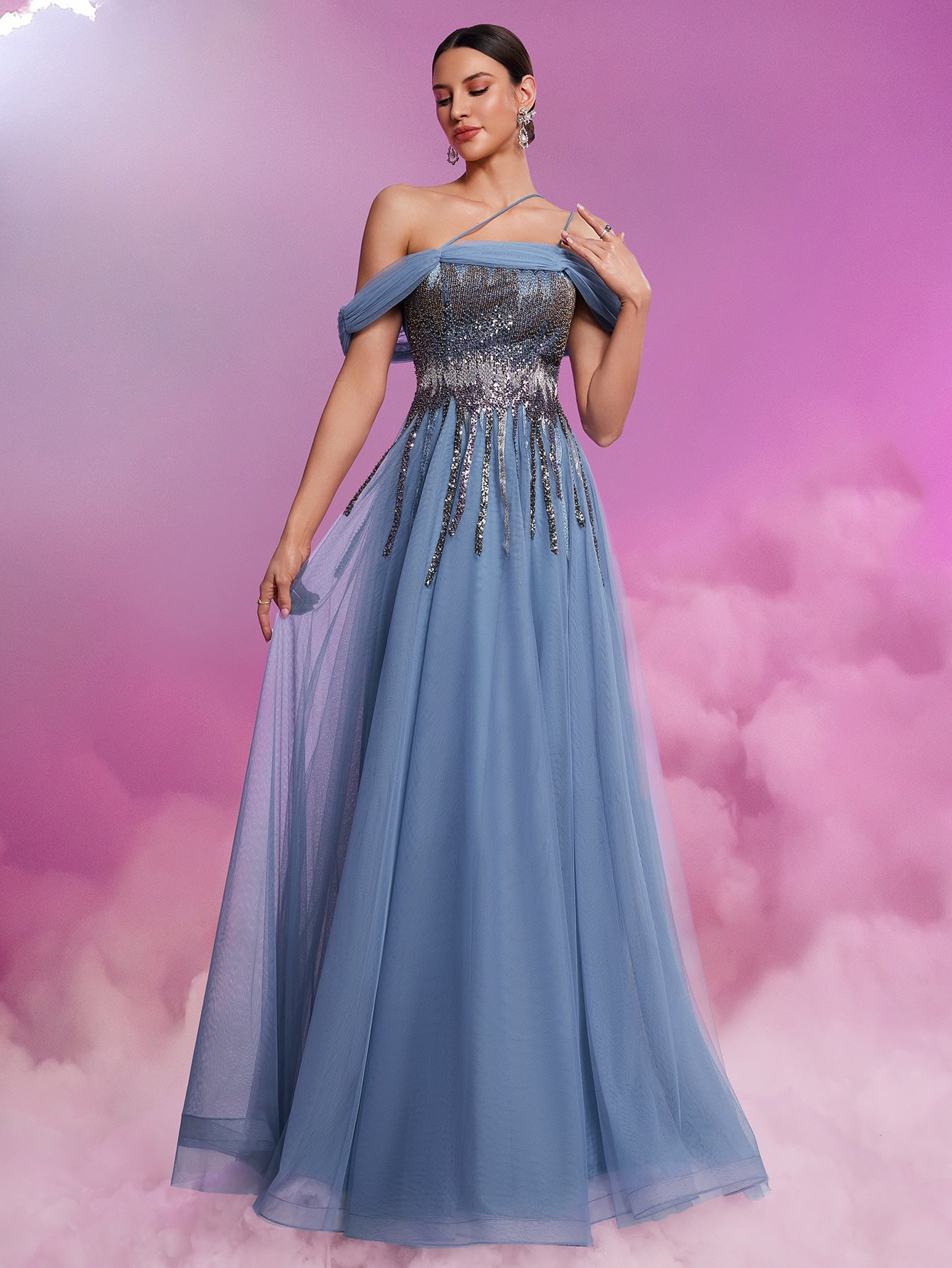 Women's Elegant Sequin Mesh Off Shoulder Chic A-Line Floor Length Cocktail Formal Evening Dress 4