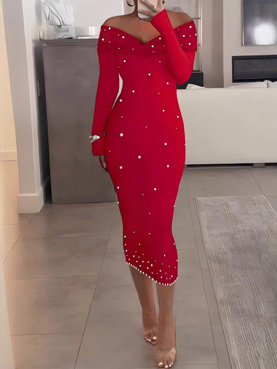 Fashionable And Elegant Off-Shoulder Solid Color Long Sleeve Beaded Bodycon Dress 5