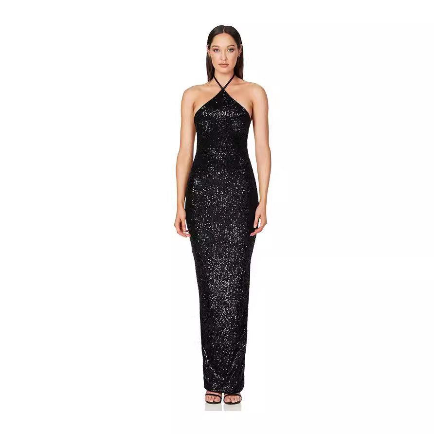 Women sleeveless French split sequin party Evening Dress 9