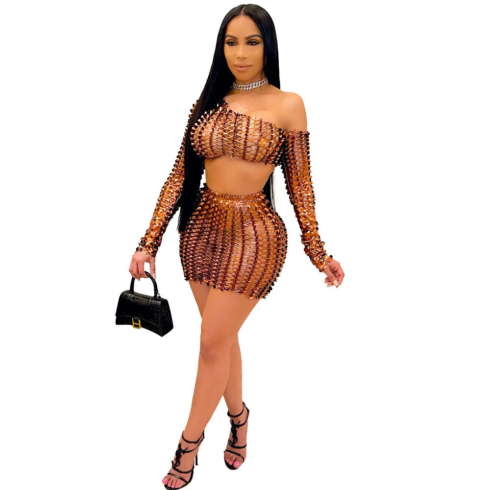 Women Sexy Mesh Hollow Hollow Long Sleeve Crop Top + Skirt Two Piece Set 5