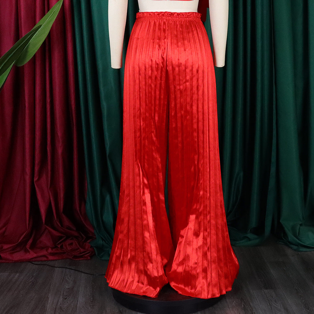 Summer Ladies Solid Color Casual Loose Pleated Wide Leg Pants African Trousers 15