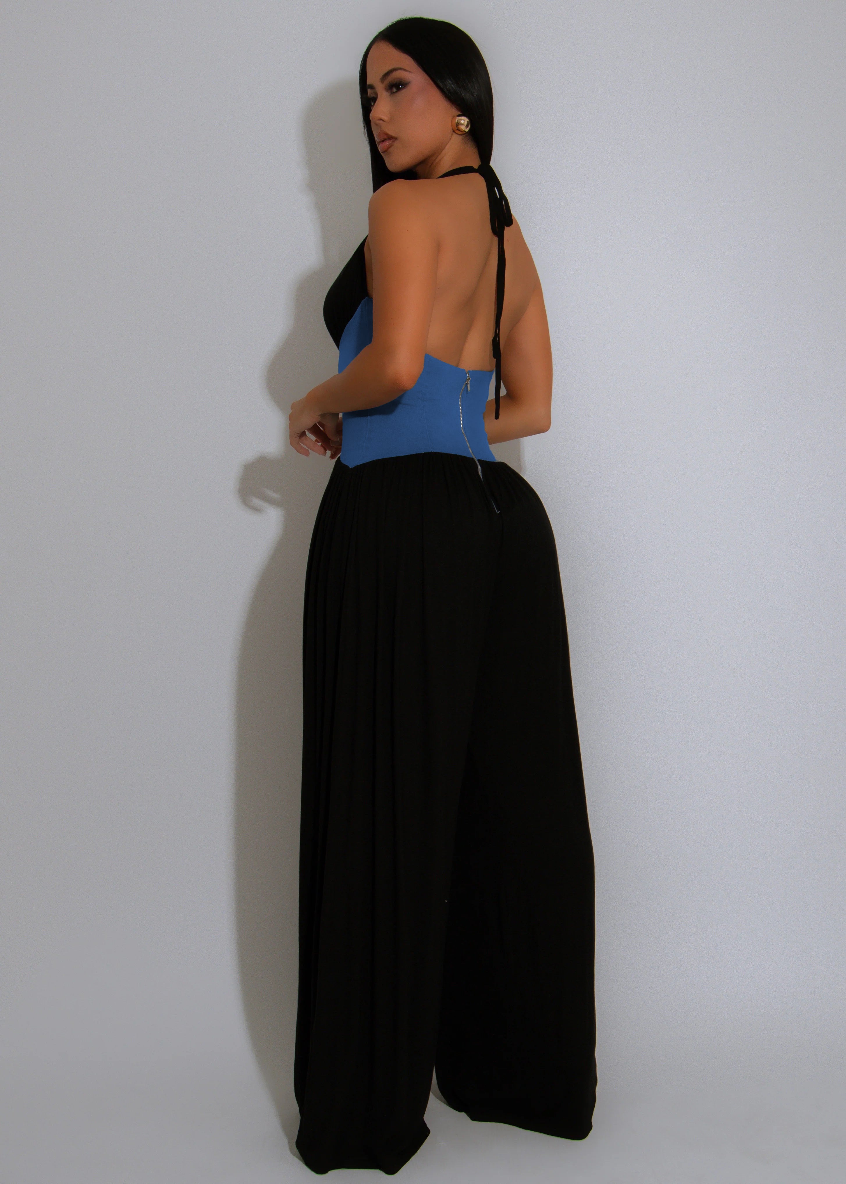 Women Halter Neck Sleeveless Patchwork Wide-leg Jumpsuits 12