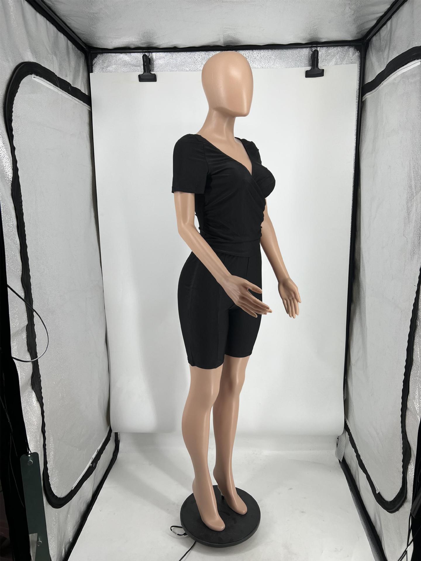 Women's Summer Cross V Neck Short Sleeve Top Elastic Shorts Casual Two Piece Set 25