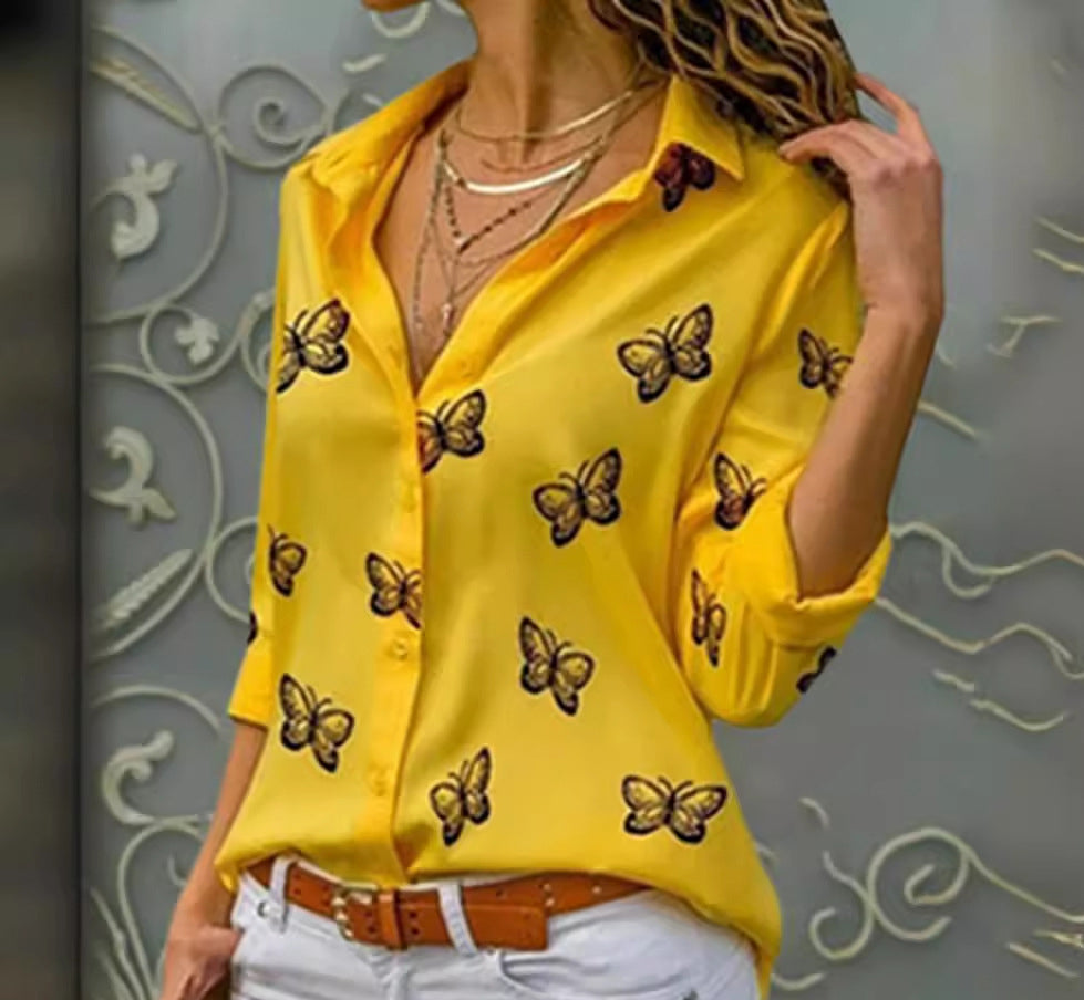 Women Butterfly Print Loose Turndown Collar Shirt
