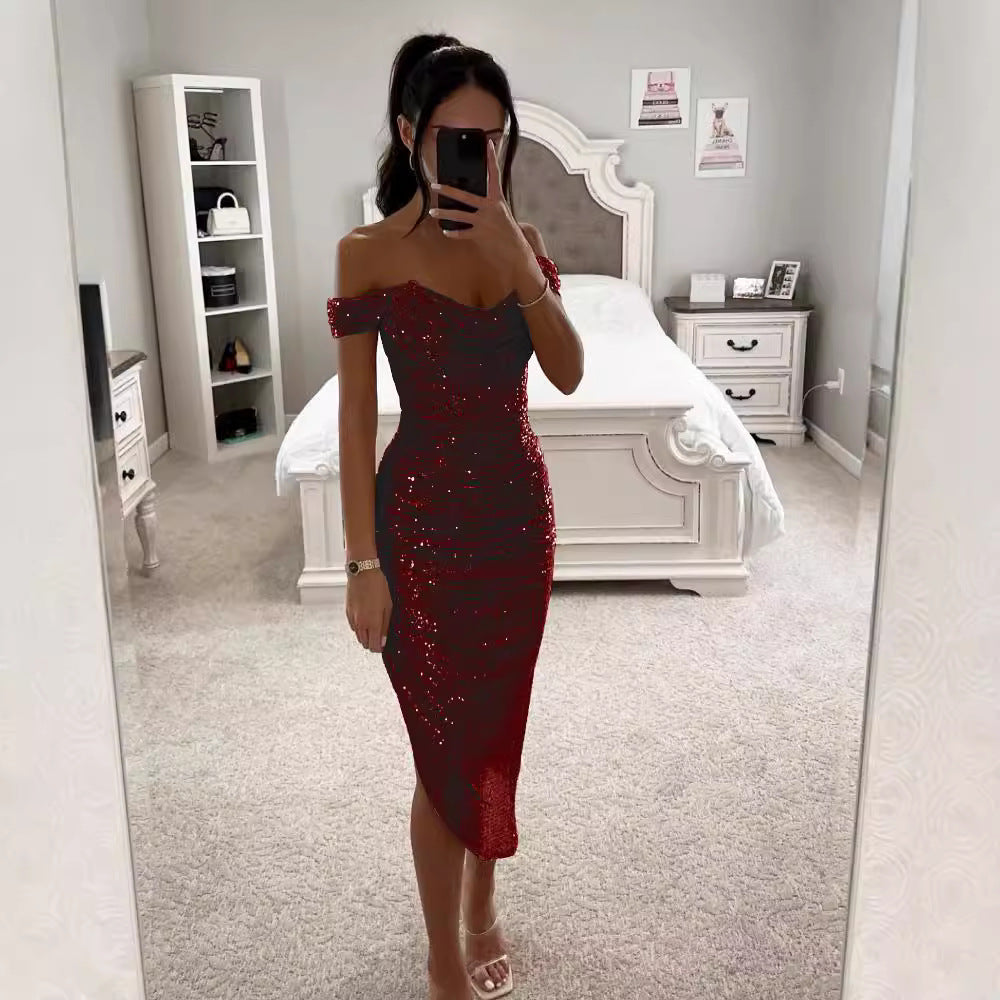Spring Autumn Sequin Off Shoulder Fashion Party Women's Dress 13