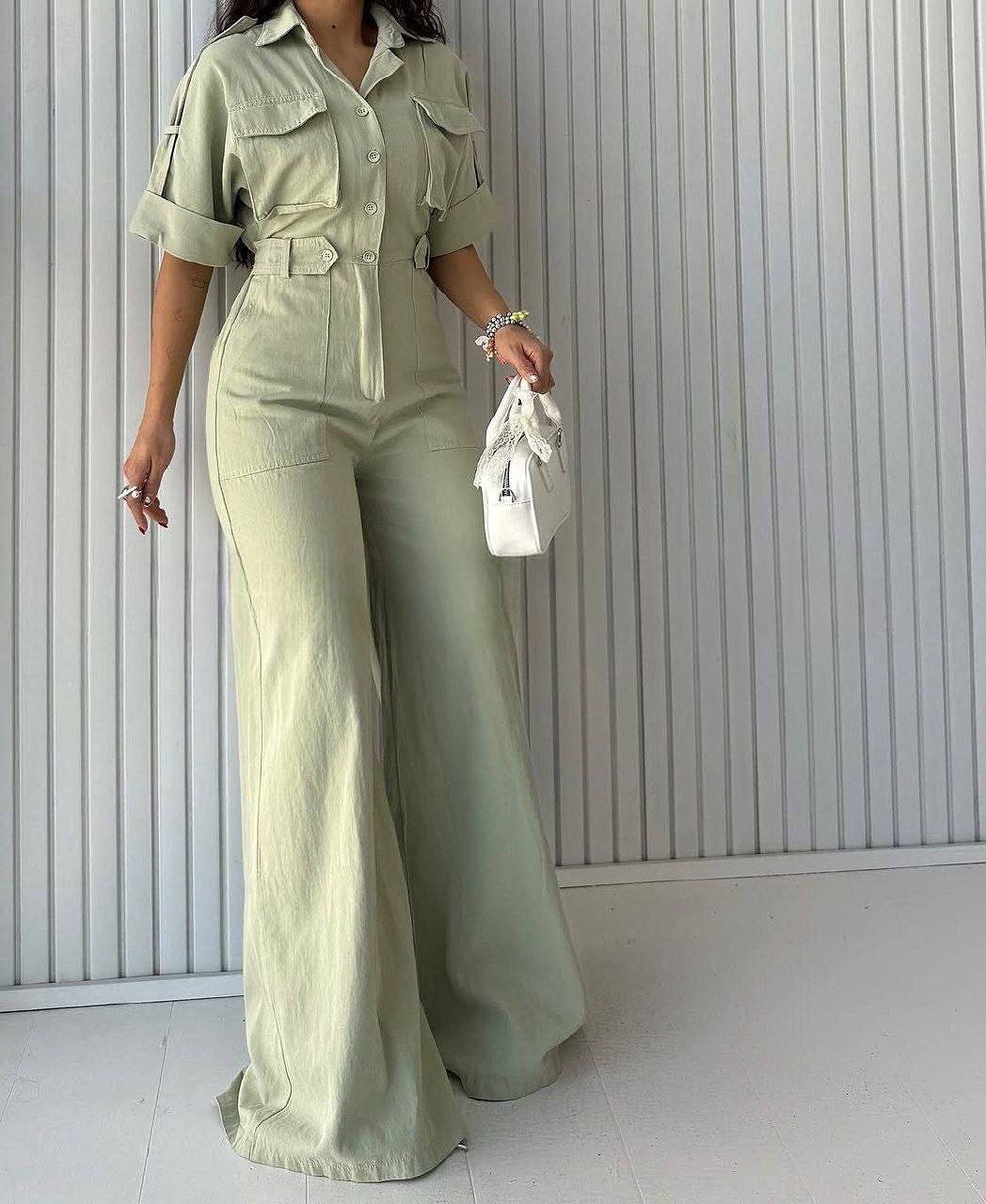 Women Turndown Collar Cargo Wide-Leg Jumpsuit 3