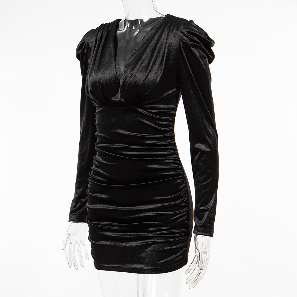 Women sexy V Neck collar long sleeve pleated Bodycon velvet dress 7