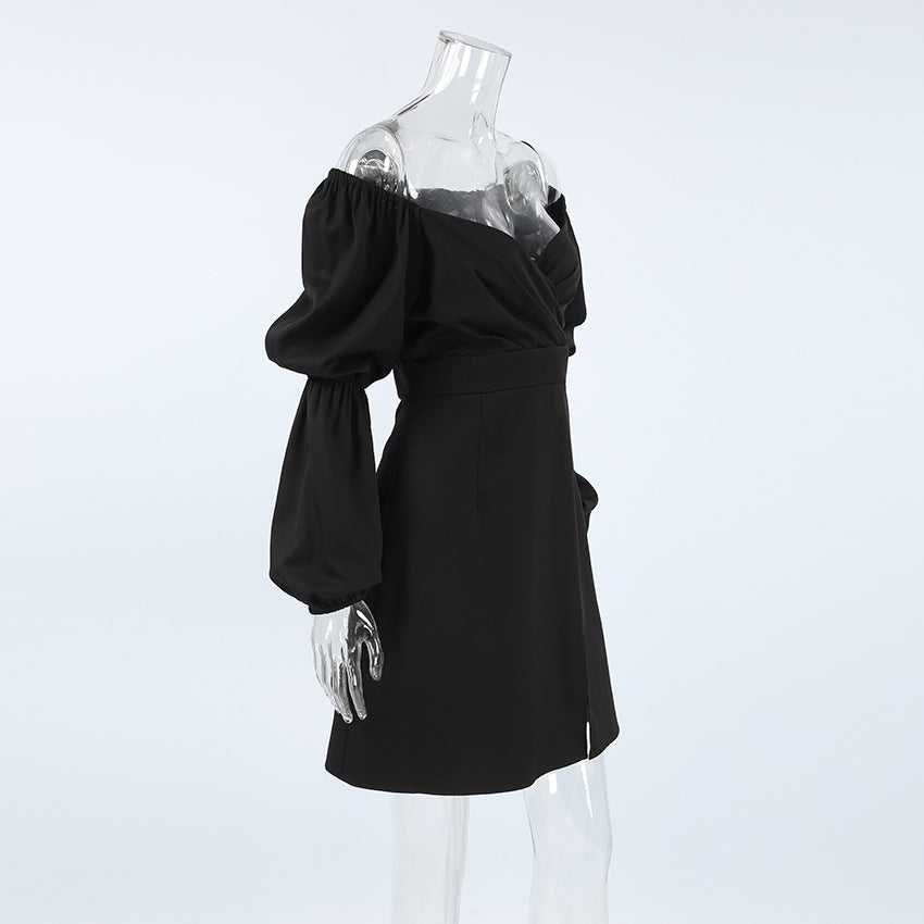 Women Autumn and Winter Sexy V-Neck Long Sleeve Pleated Slit Dress 9