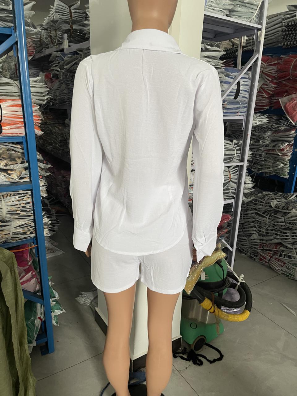 Women's Chic Elegant Solid Color Pocket Long Sleeve Shirt Shorts Set Two Piece Set 7