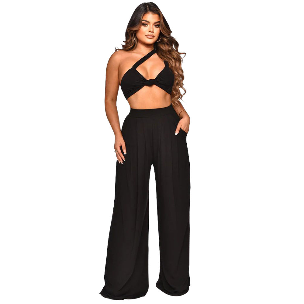Women Summer Slash Shoulder Sleeveless Top + Solid Color Wide Leg Pants Two-Piece Set 8