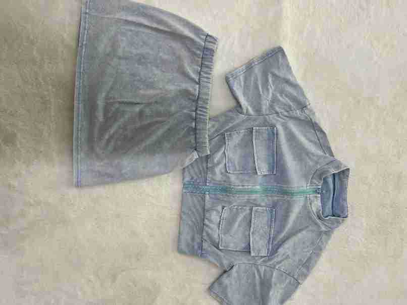 Women casual washed patchwork pocket top and skirt two-piece set 17