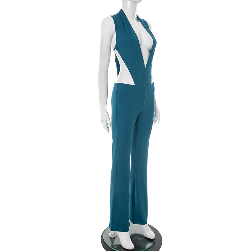 Women Spring and Summer Sexy V Neck Sleeveless Bodysuit and Flared Pants Two-piece Set 21