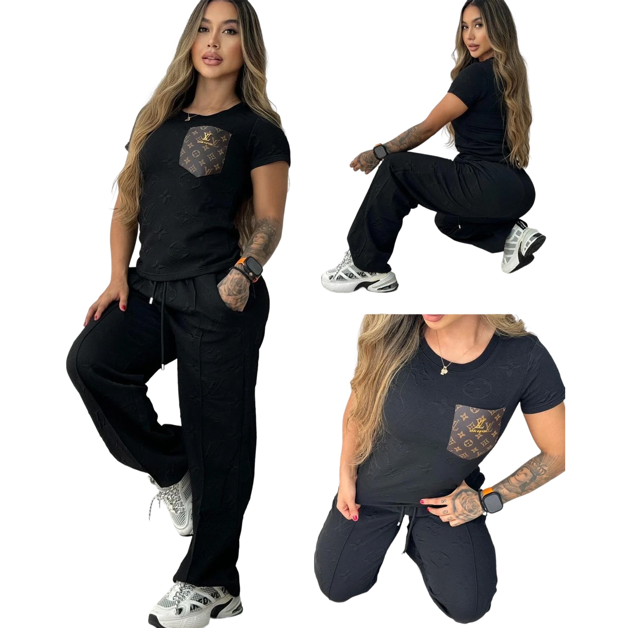 Women casual Pu-Leather pocket short-sleeved top and long pants jacquard two-piece set 9