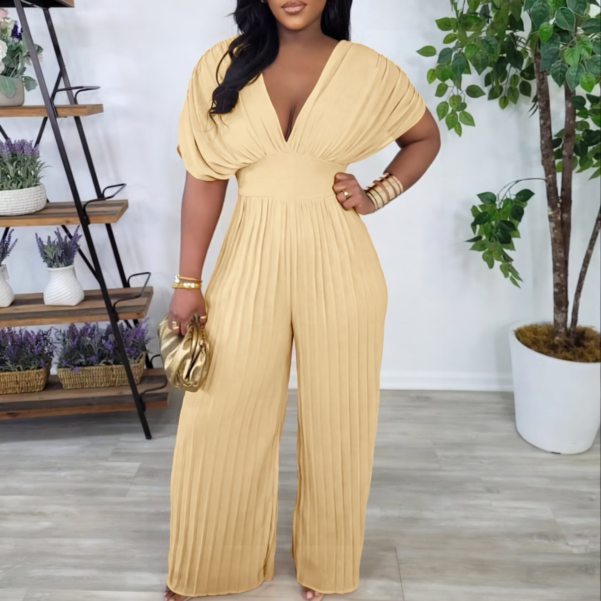 Women V-Neck Solid Sexy Pleated Jumpsuit 4