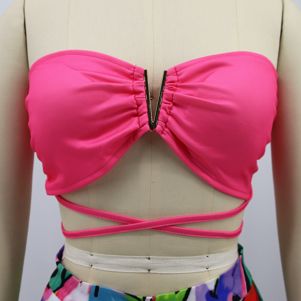 Women V-neck tube top and printed wide-leg trousers fashion casual women's suit two piece set 14