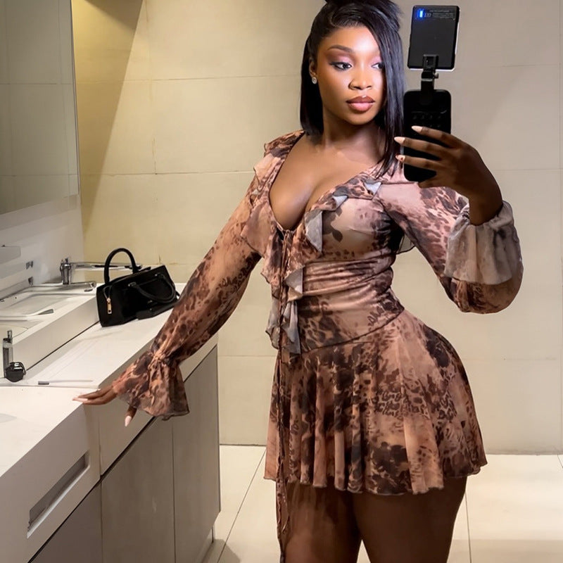 Women Summer/Autumn Ruffled Collar Long-Sleeved Mesh Leopard Print Off-The-Shoulder Pleated Dress 9