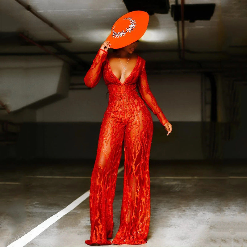 Women Sequin Halter Neck Red Flame Jumpsuit