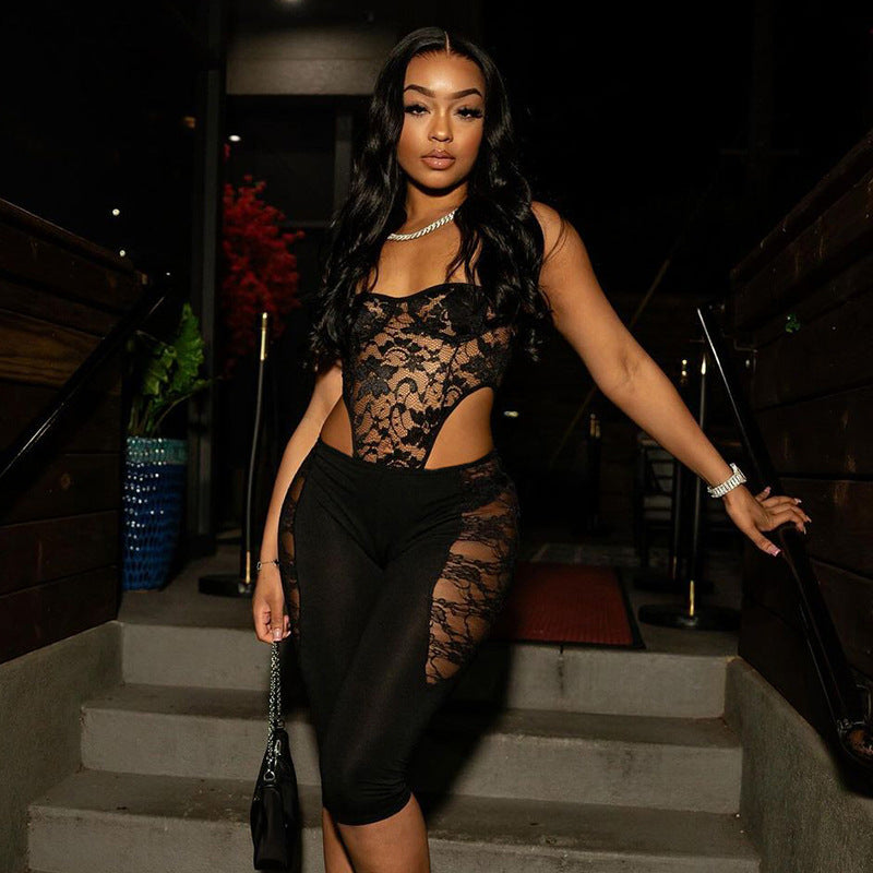 Women spring and summer mesh lace See-Through Solid cropped pants 3