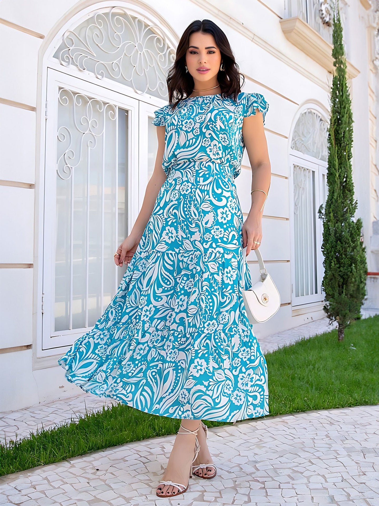 Women floral short-sleeved Top and Long Skirt two-piece set