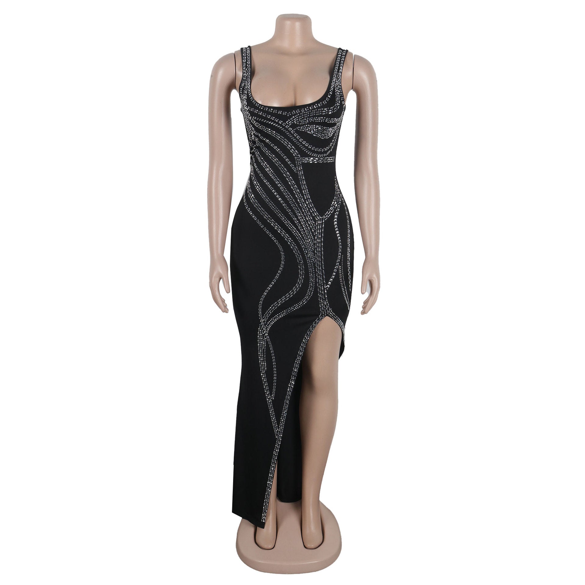 Women Sexy Beaded Sleeveless Bodycon Slit Dress 16