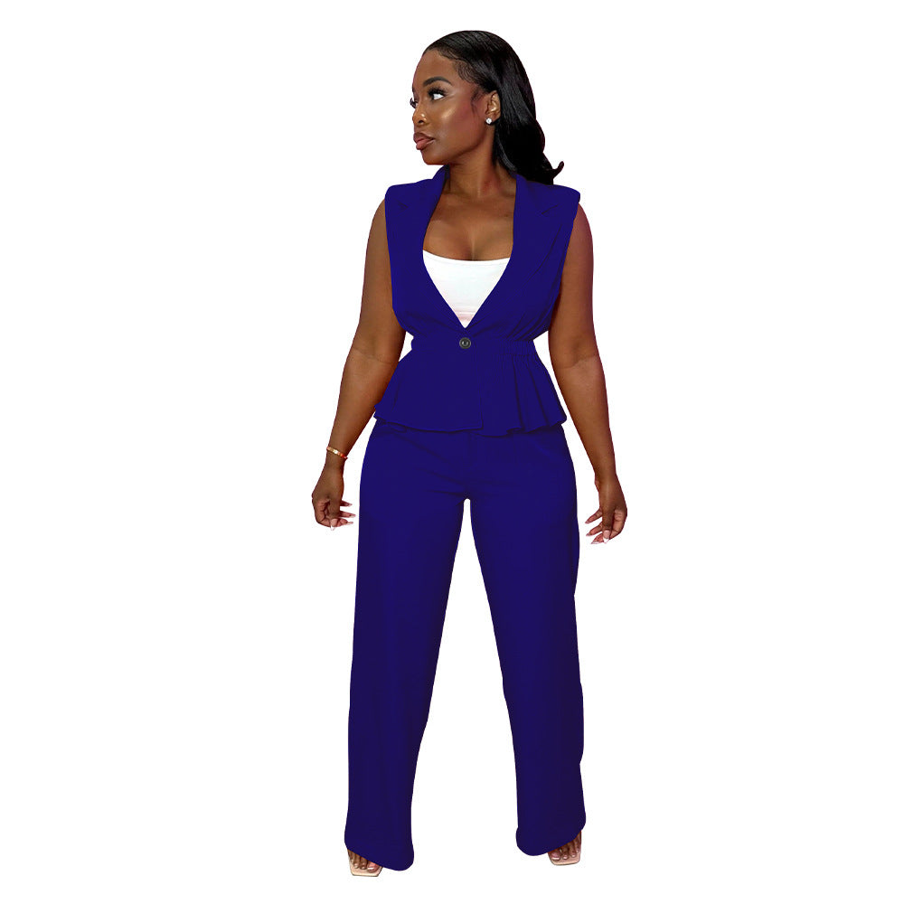 Fashion Women's Solid Color Turndown Collar Sleeveless Casual Two Piece Suit 6