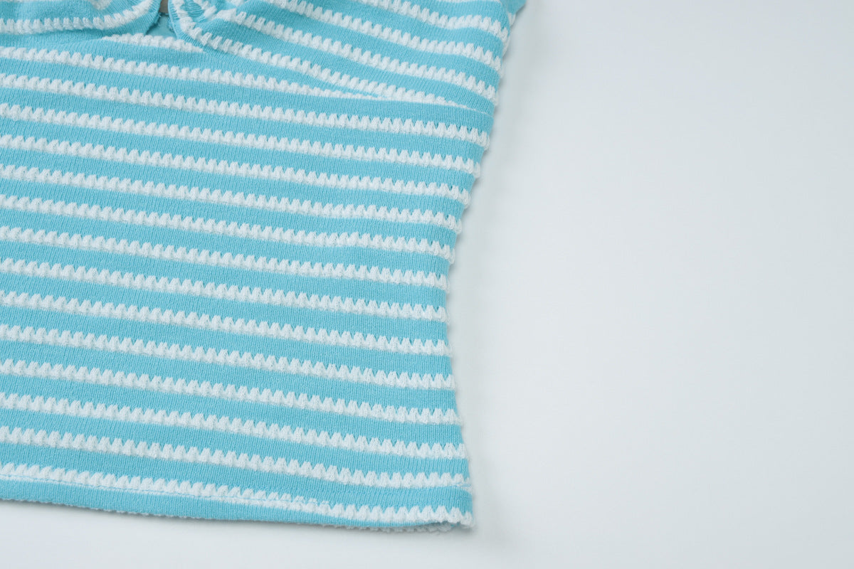 Women Summer Sexy Backless Lace-up Top Striped Shorts Two-Piece Set 11