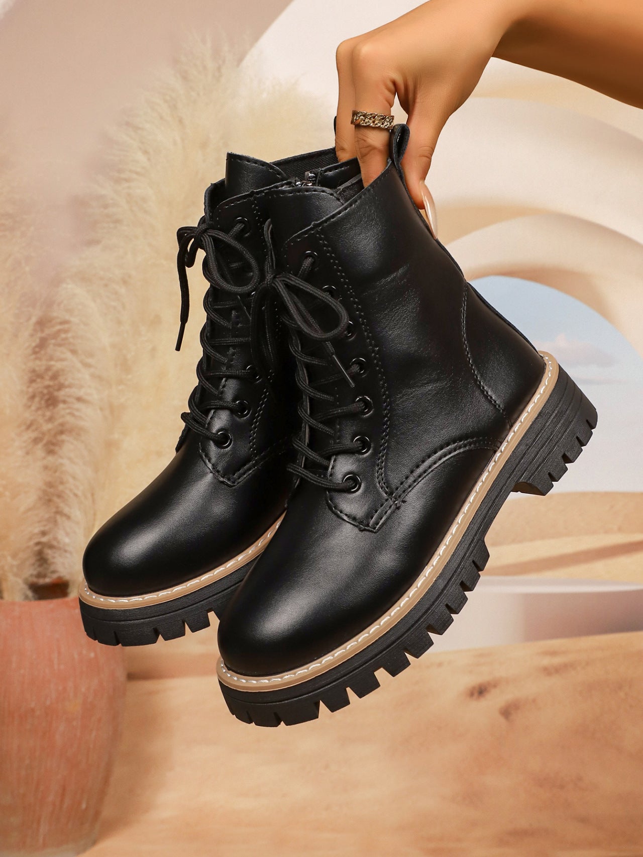 Women's Platform Martin Boots Autumn Winter Front Lace-Up Black Plus Size Height-Increasing Leather Boots 10