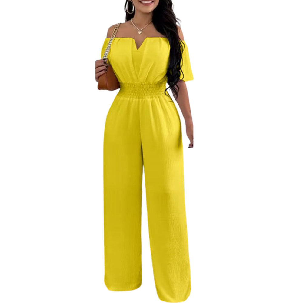 Women Off Shoulder V Neck Loose Straight Jumpsuit 19