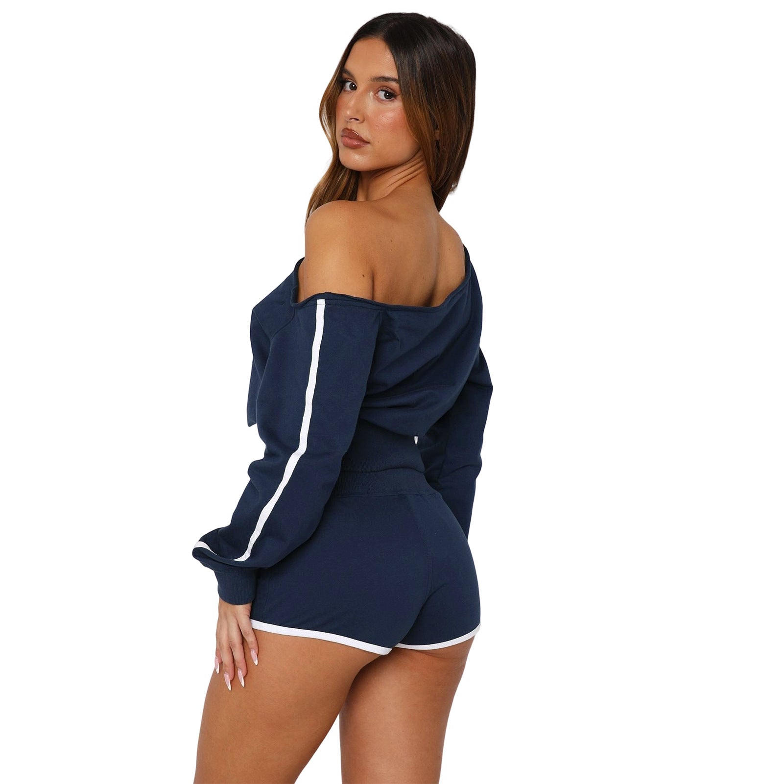 Women's Casual Slash Shoulder Long Sleeve Top Drawstring Shorts Two-Piece Set 32