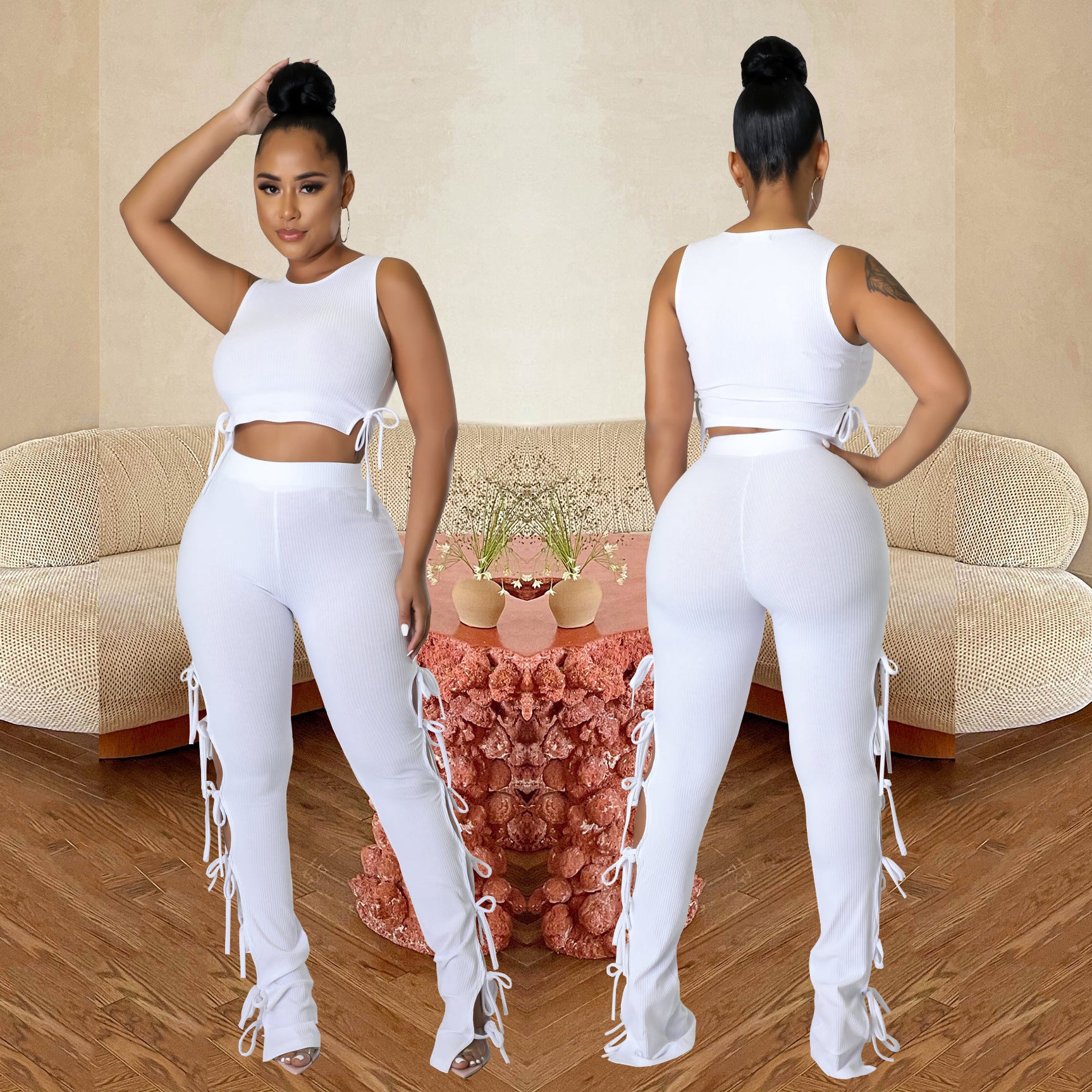 Women's Fashion Summer Style Cutout Tie Solid Color Ribbed Sleeveless Two-Piece Pants Set 3